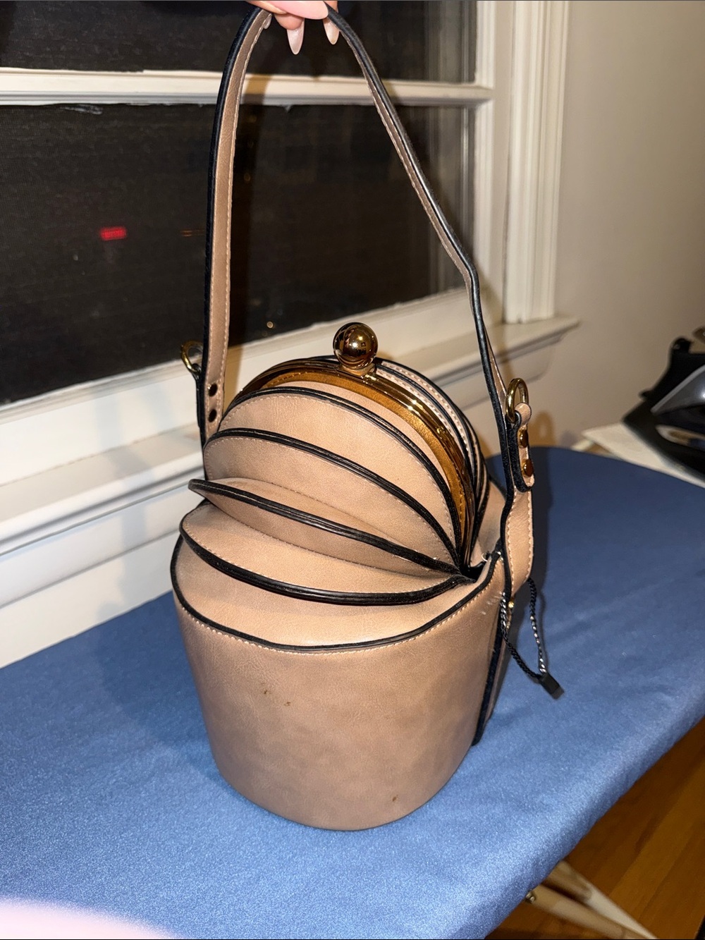 Glamour Empire Tan Bucket Mini Bag with Gold Accents